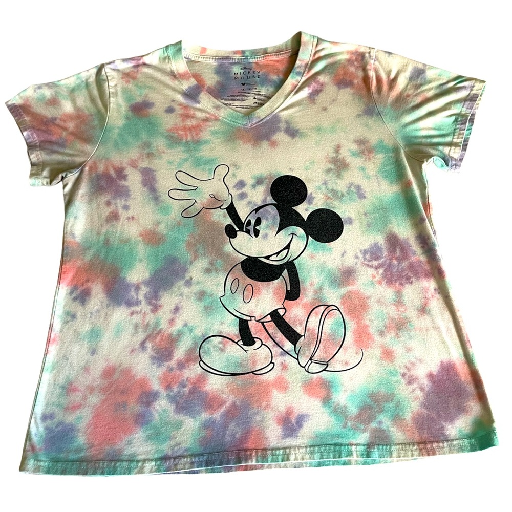Disney Mickey Mouse Womens Size 1X Tie Dye Short Sleeve V-Neck Tee Shirt